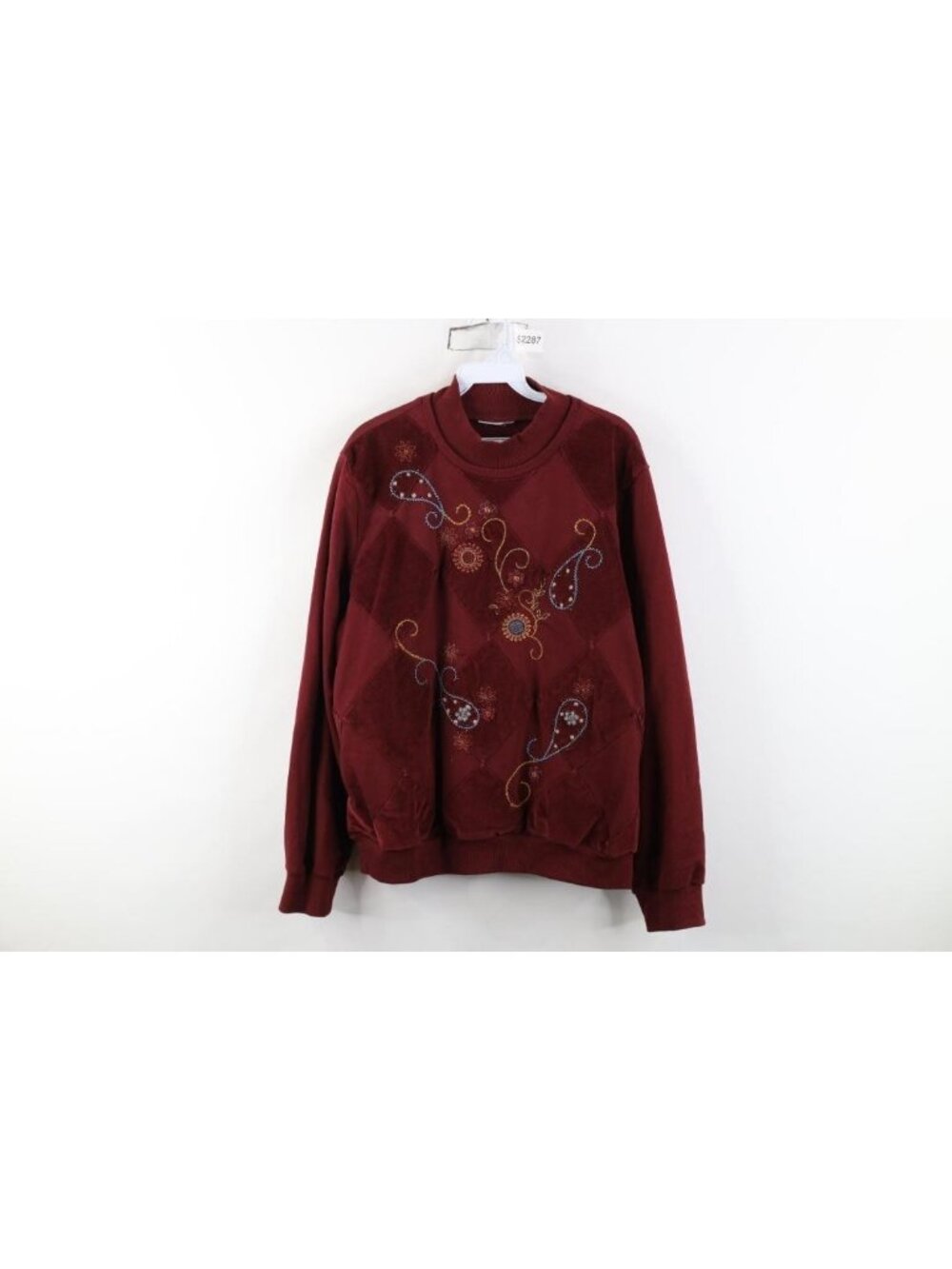 Vintage 90s Streetwear Womens XL Beaded Flower Argyle Corduroy Patch Sweatshirt